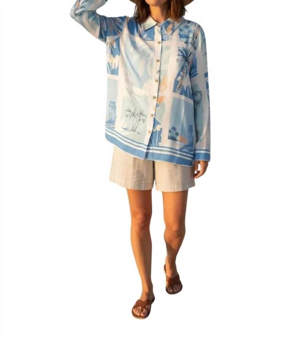 NEW SURF GYPSY island postcard long sleeve button down in blue